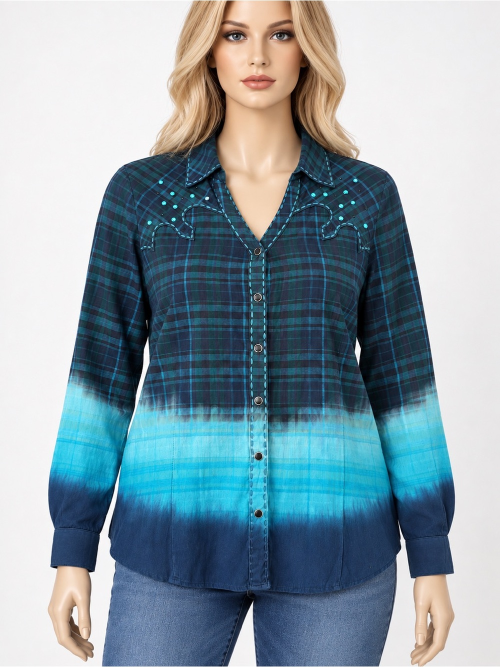 DOUBLE D RANCH Teal Plaid Ombre V-Neck Button-Up Long Sleeve Cotton Shirt